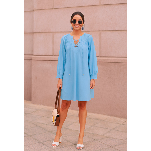 Pomander Place Tuckernuck Blue Lace-Up Mini Dress XS Long Sleeve A-Line - Picture 1 of 4